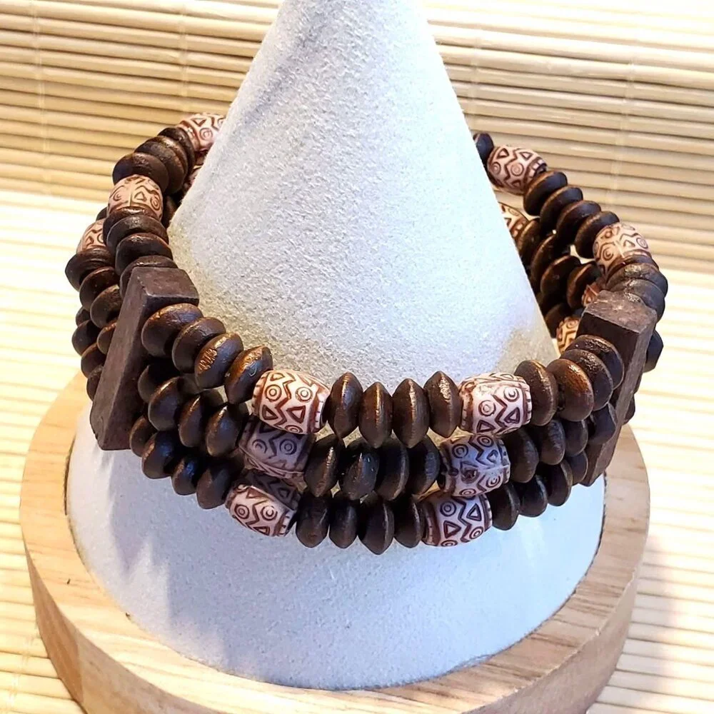 90s Y2K Vintage Boho Brown Tan Wood Acrylic Saucer Beads Stretch Bracelet